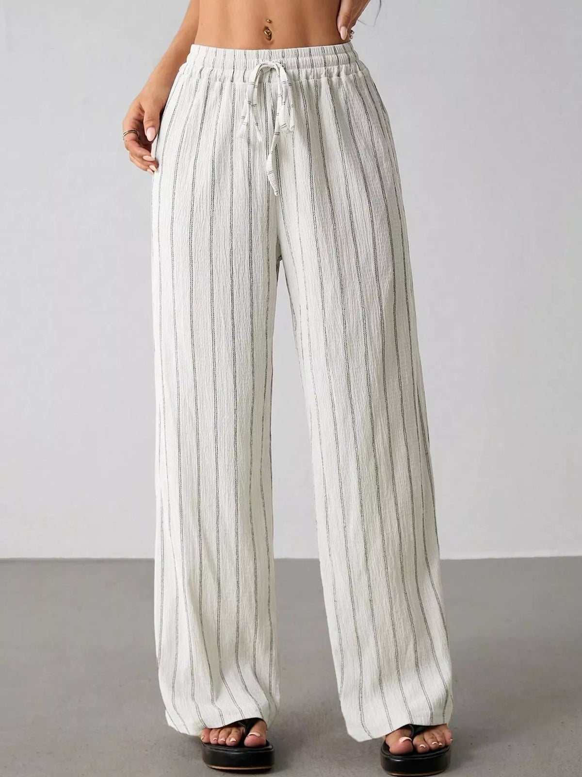 Striped Wide-Leg Drawstring Pants - Aura Apparel