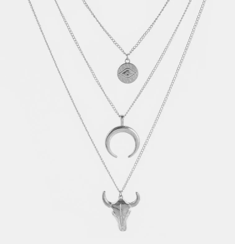 Three-Layered Bull Head Pendant Necklace - Aura Apparel