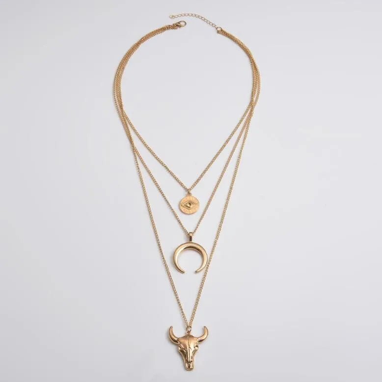 Three-Layered Bull Head Pendant Necklace - Aura Apparel