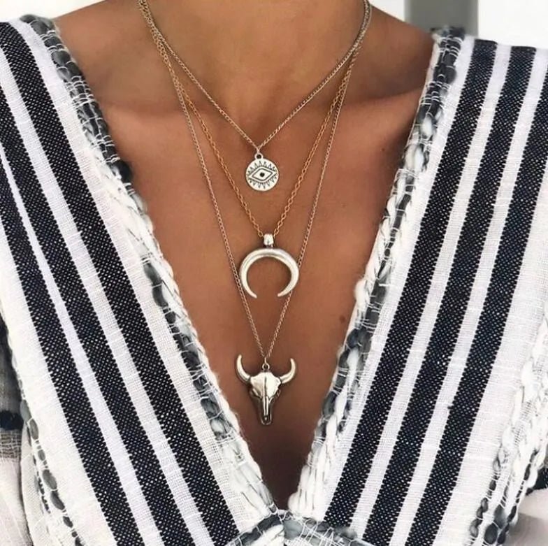 Three-Layered Bull Head Pendant Necklace - Aura Apparel