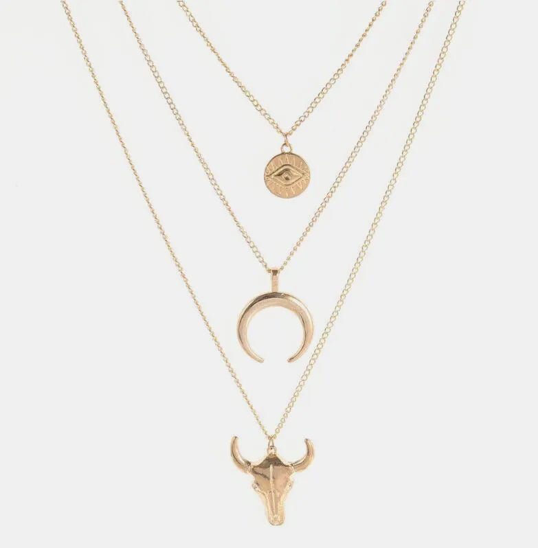 Three-Layered Bull Head Pendant Necklace - Aura Apparel