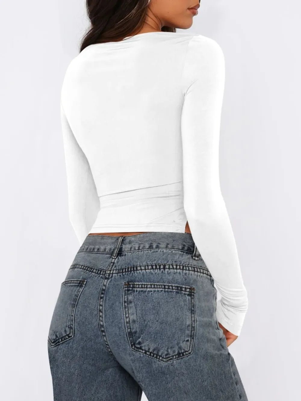 Tied Slit Round Neck Long Sleeve T-Shirt - Aura Apparel