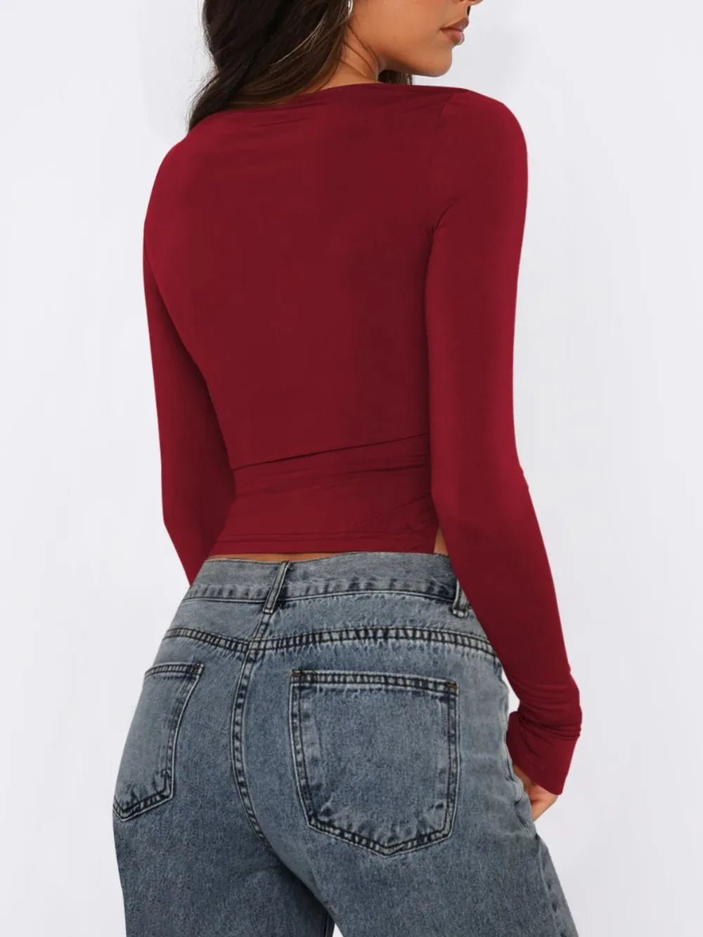 Tied Slit Round Neck Long Sleeve T-Shirt - Aura Apparel