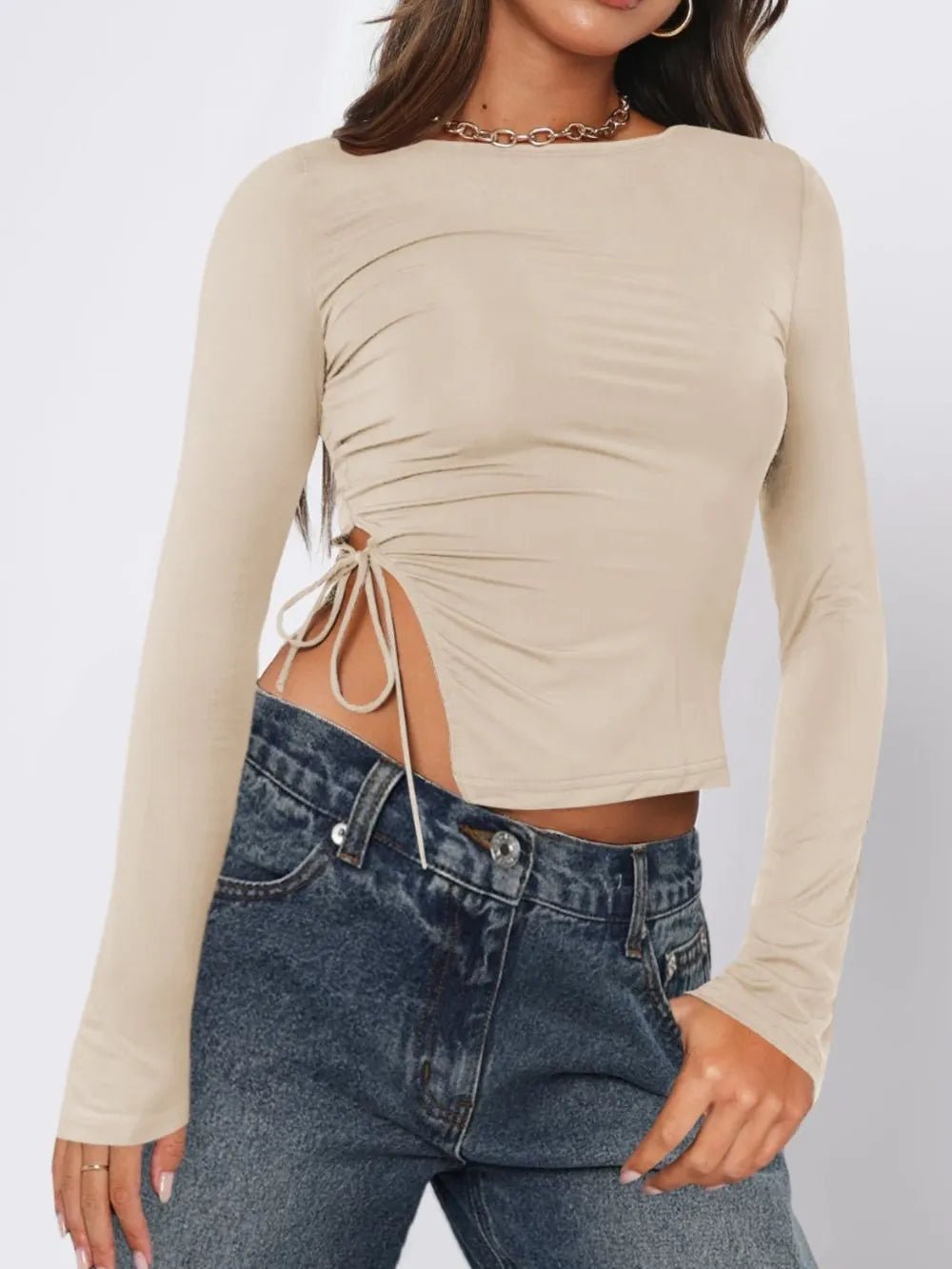 Tied Slit Round Neck Long Sleeve T-Shirt - Aura Apparel