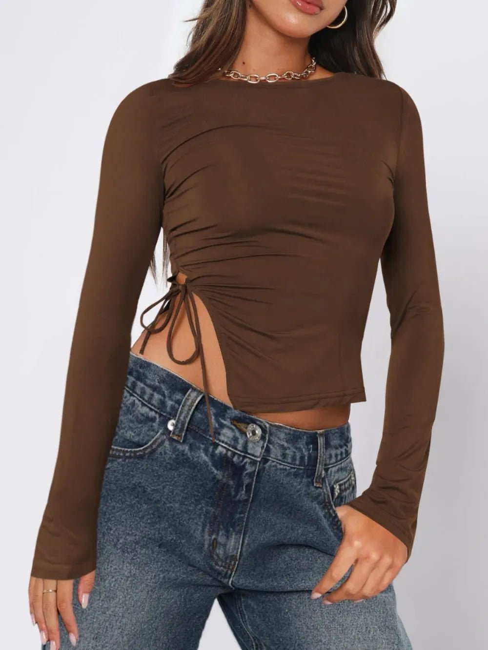 Tied Slit Round Neck Long Sleeve T-Shirt - Aura Apparel