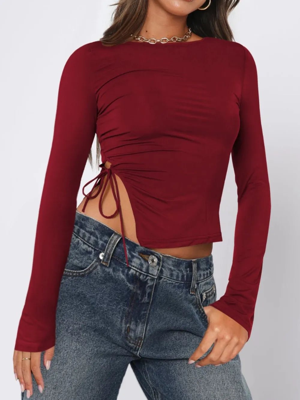 Tied Slit Round Neck Long Sleeve T-Shirt - Aura Apparel