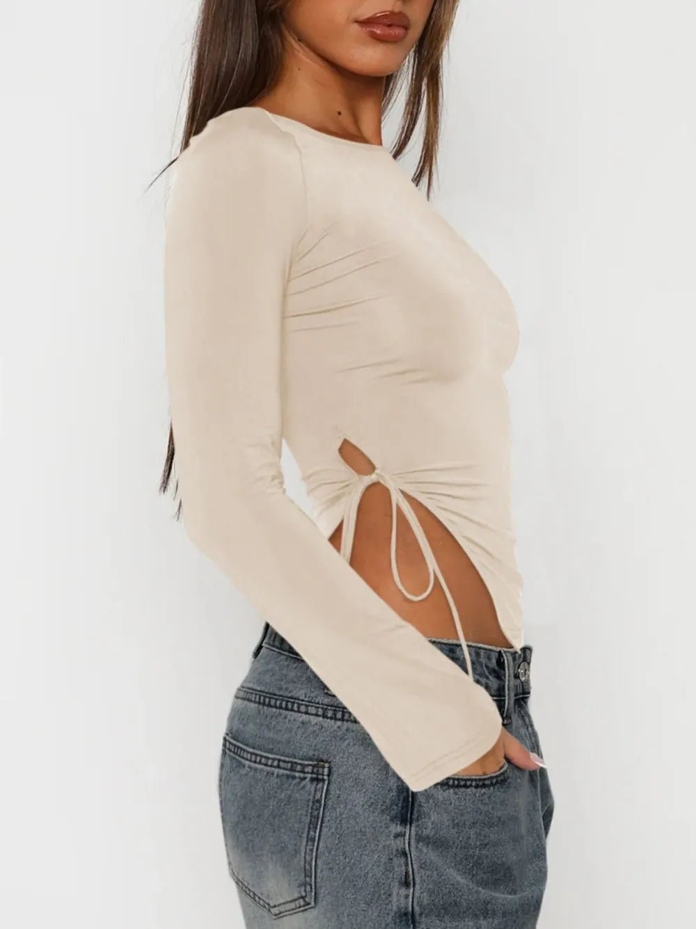 Tied Slit Round Neck Long Sleeve T-Shirt - Aura Apparel