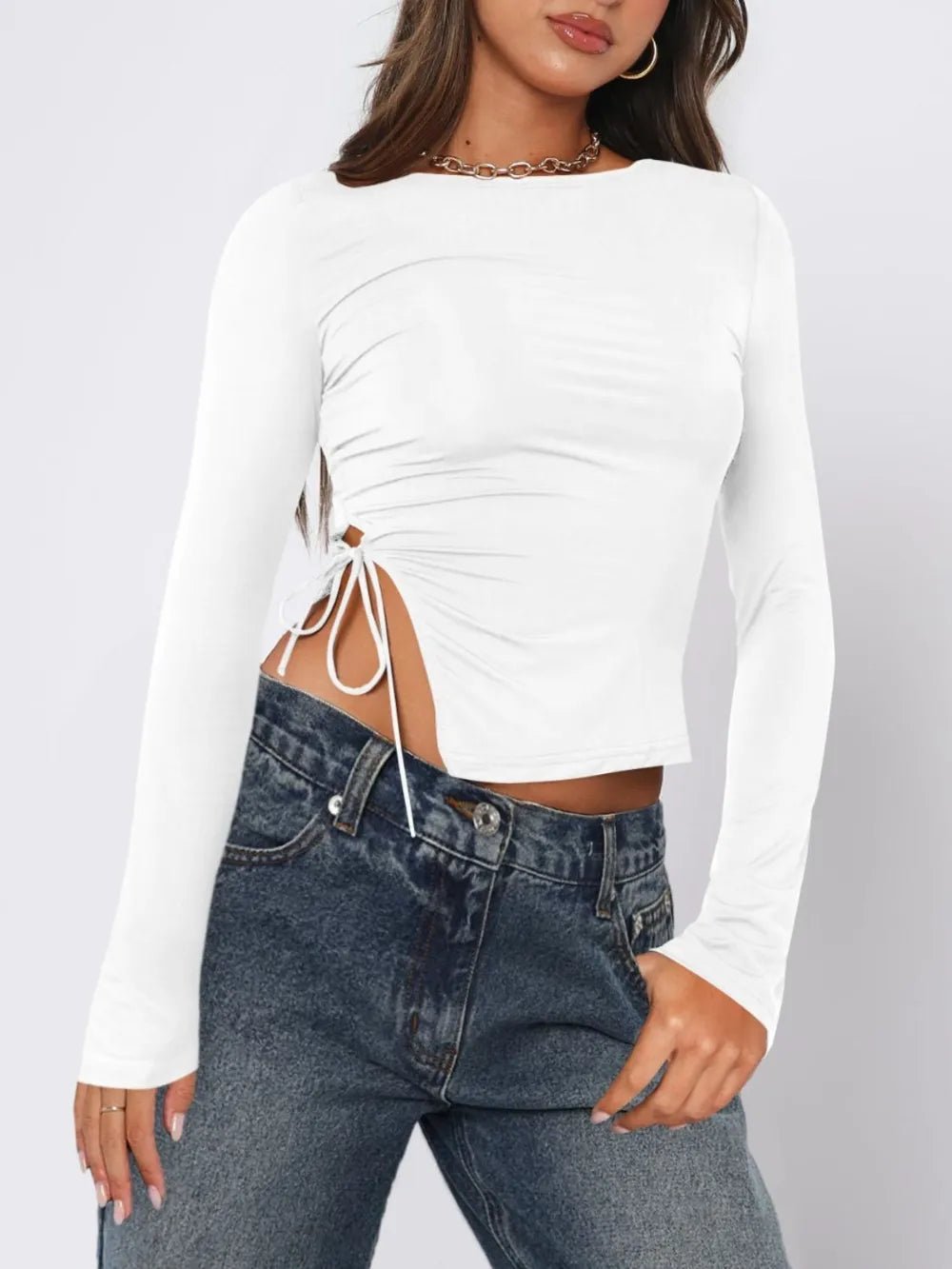 Tied Slit Round Neck Long Sleeve T-Shirt - Aura Apparel