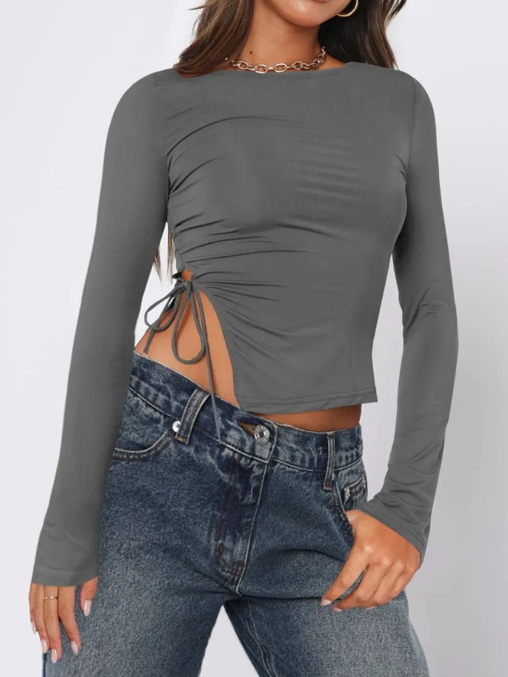 Tied Slit Round Neck Long Sleeve T-Shirt - Aura Apparel