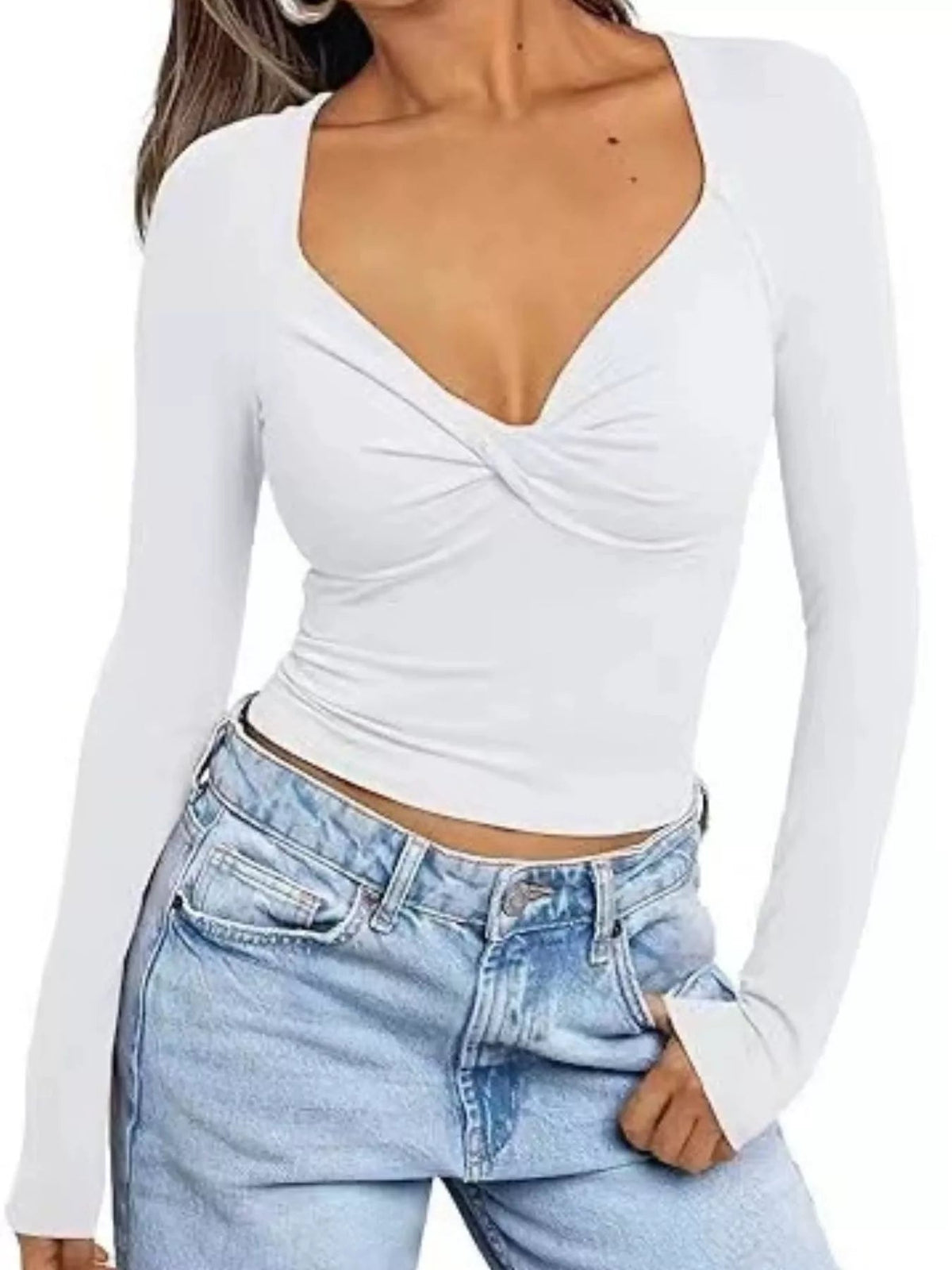 Twist Front Long Sleeve Fitted T-Shirt - Aura Apparel