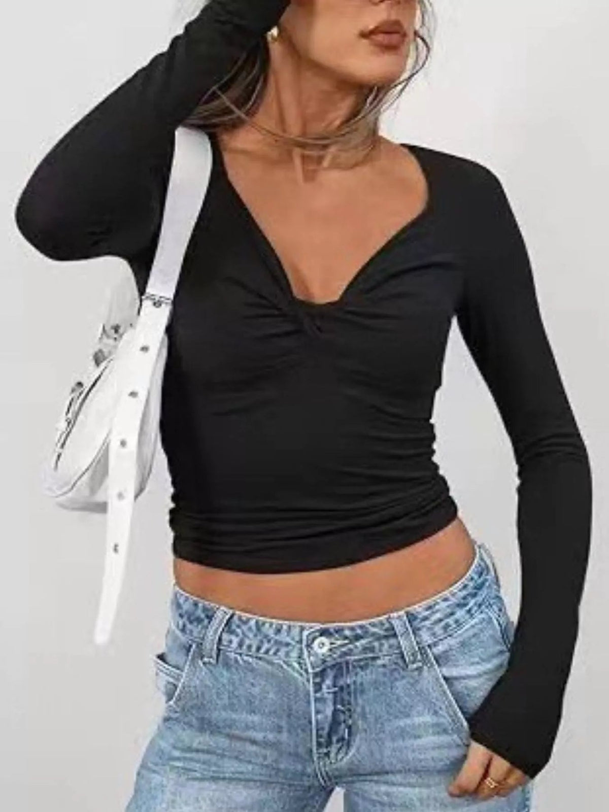 Twist Front Long Sleeve Fitted T-Shirt - Aura Apparel