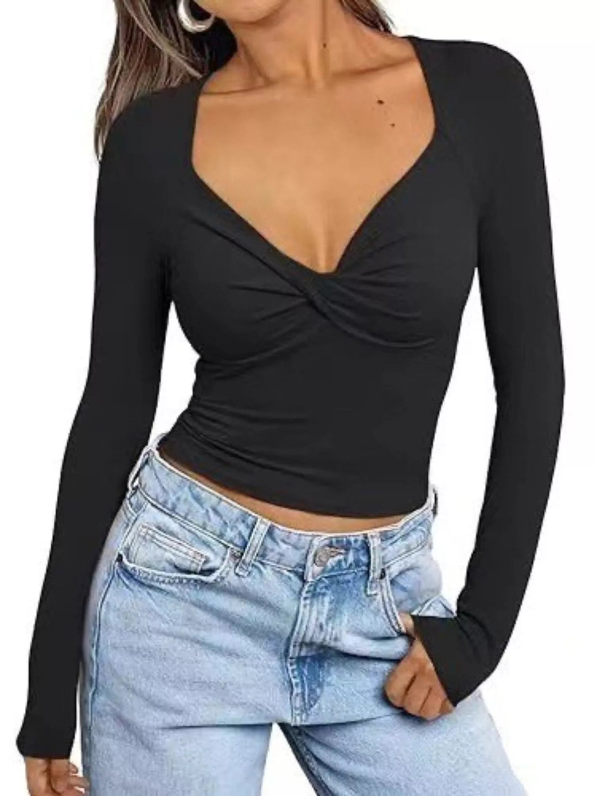 Twist Front Long Sleeve Fitted T-Shirt - Aura Apparel