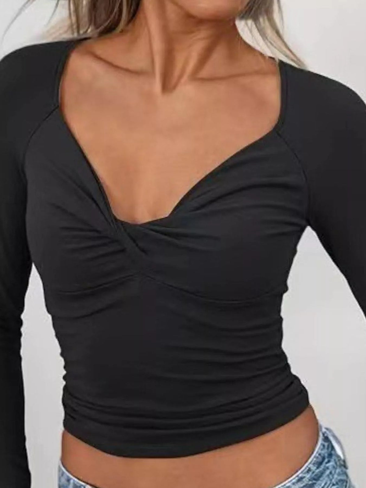Twist Front Long Sleeve Fitted T-Shirt - Aura Apparel