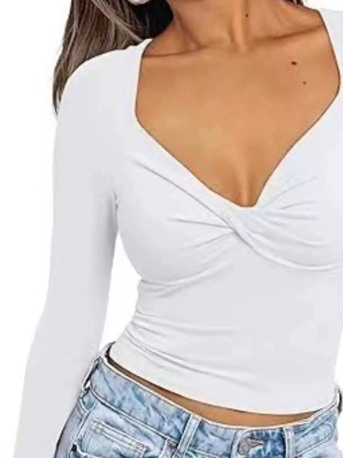 Twist Front Long Sleeve Fitted T-Shirt - Aura Apparel