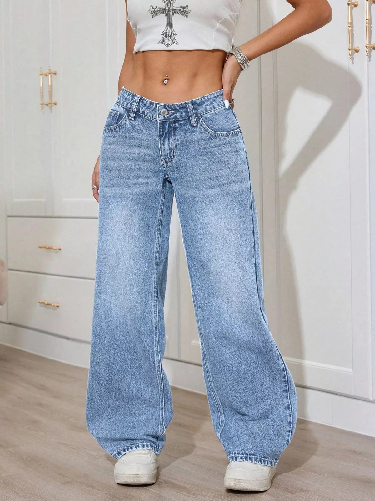 Washed Wide Leg Jeans - Aura Apparel